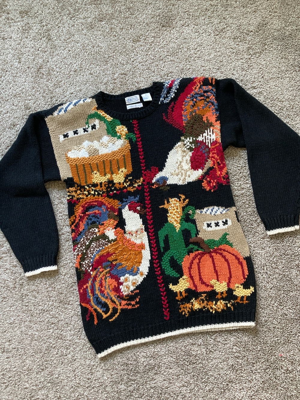Vintage 90s Farm Animal Pumpkin Chicken Autumn Fall Harvest Sweater Ashley sz S